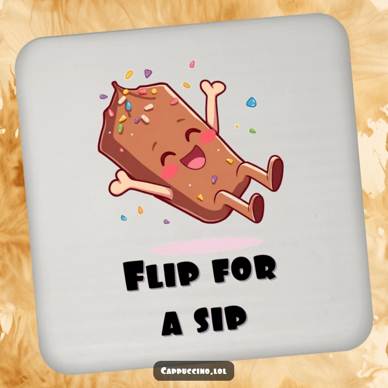 Funny Drink Coaster with a giggling chocolate sprinkle character doing a somersault, protecting your tables with style.