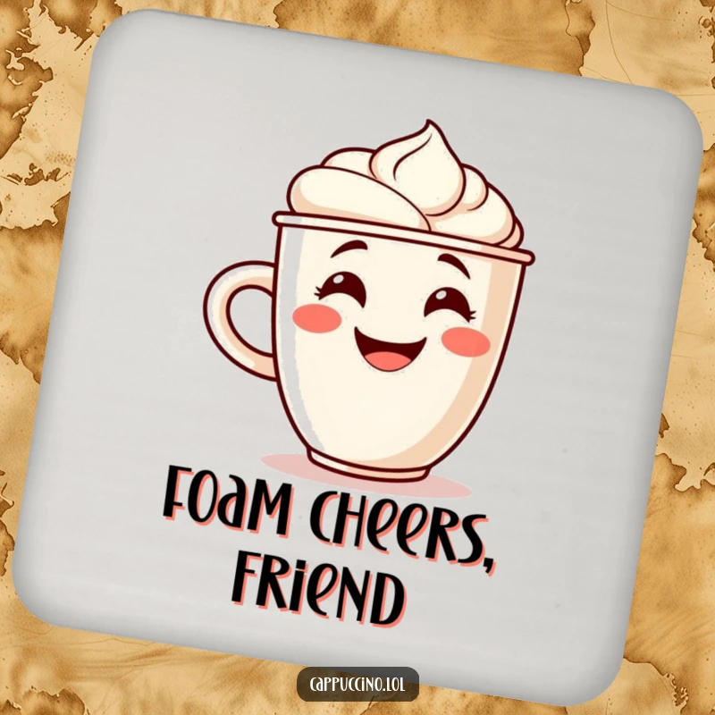 Funny drink coaster featuring a grinning cappuccino cup character with a foam swirl cheering, protecting surfaces with humor.