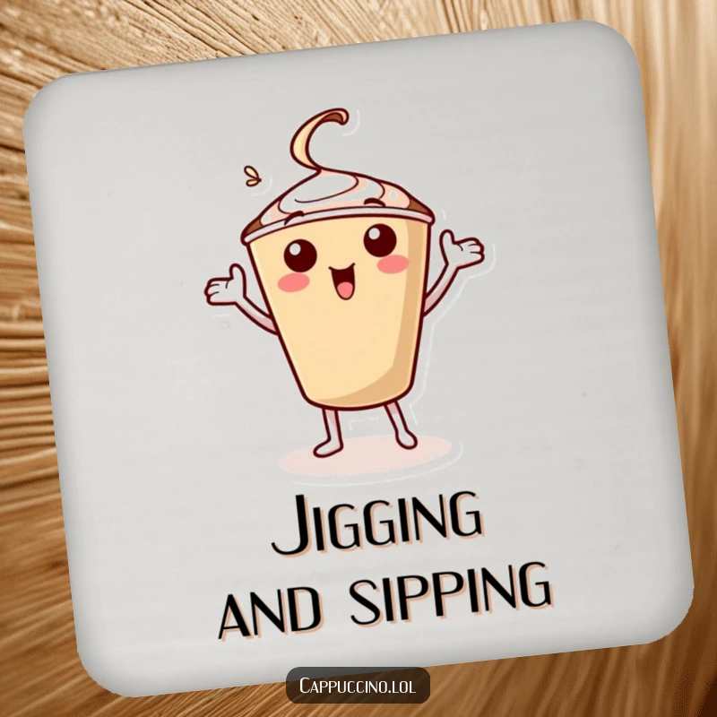 Funny coaster with a cheerful cappuccino cup character doing a celebratory jig with its arms, protecting surfaces with style.