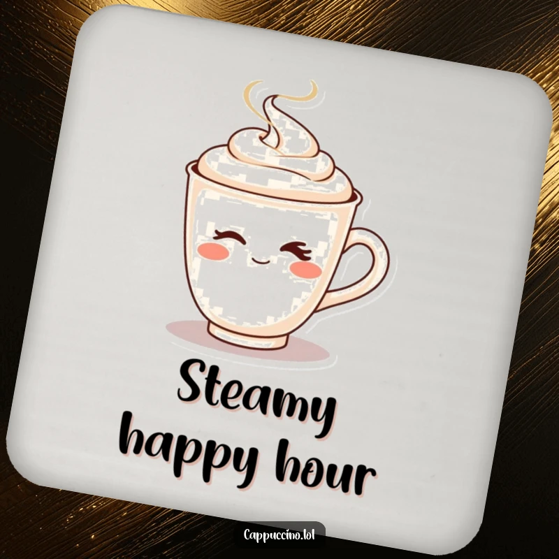 Funny drink coaster with a playful cappuccino cup character winking as steam rises.