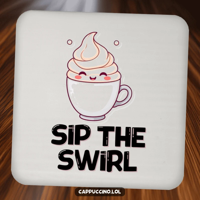 Funny Coaster showcasing a cheerful milk froth character in a playful swirl, protecting surfaces with humor and style.