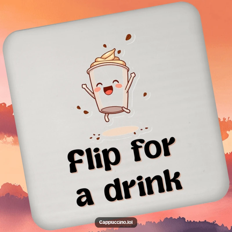 Funny Drink Coaster: Delighted cappuccino cup character performing a somersault, coffee powder flying, a lively table accent.