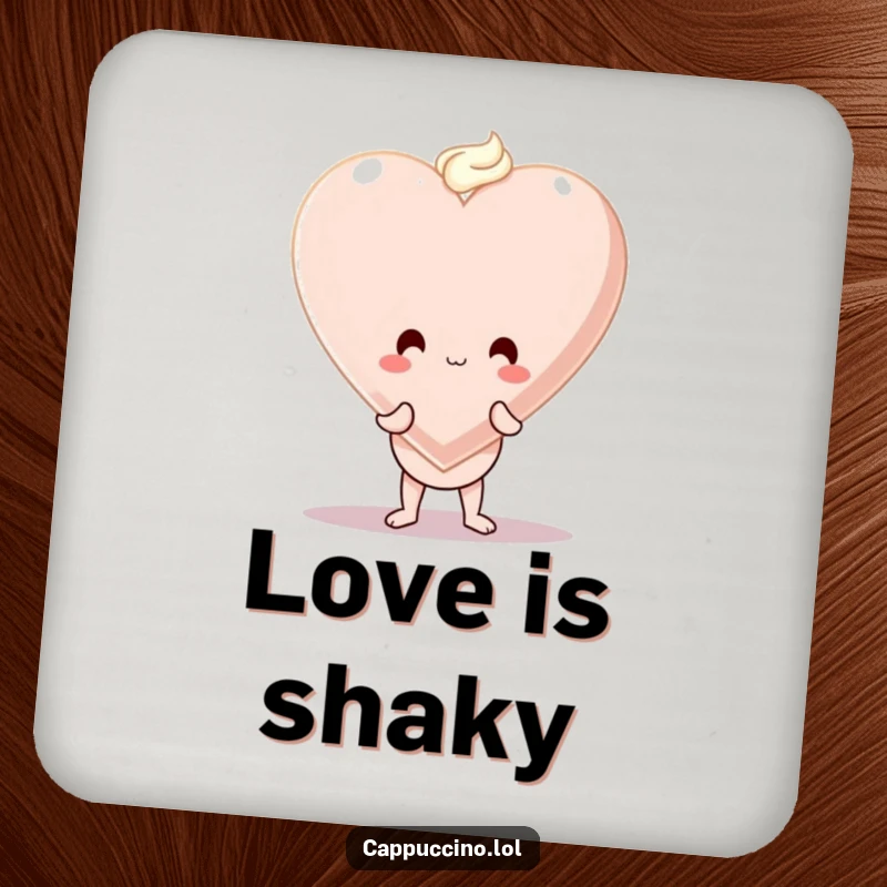 Funny coaster with a wobbly cappuccino cup character balancing a giant foam heart, protecting surfaces with charm.