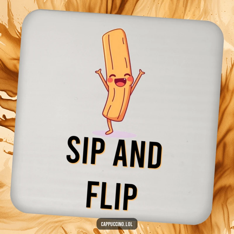 Funny Coaster displaying a giggling cinnamon stick character in a handstand, perfect for protecting surfaces with humor.