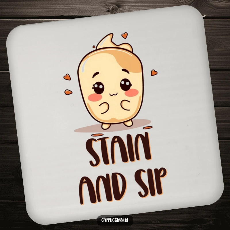 Funny espresso stain coaster, playful character making silly faces, protects furniture with humor, unique funny gift.