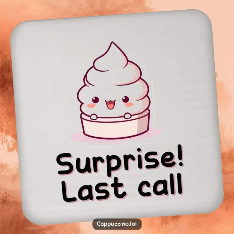 Funny Frothy Lid Surprise Coaster with a playful character popping up in shock, protecting surfaces with whimsical fun.