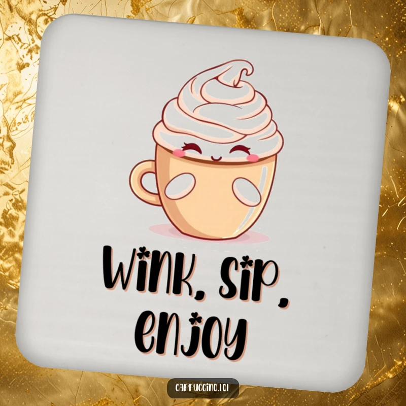 Funny winking cappuccino cup character offering a treat on a drink coaster, adding charm.