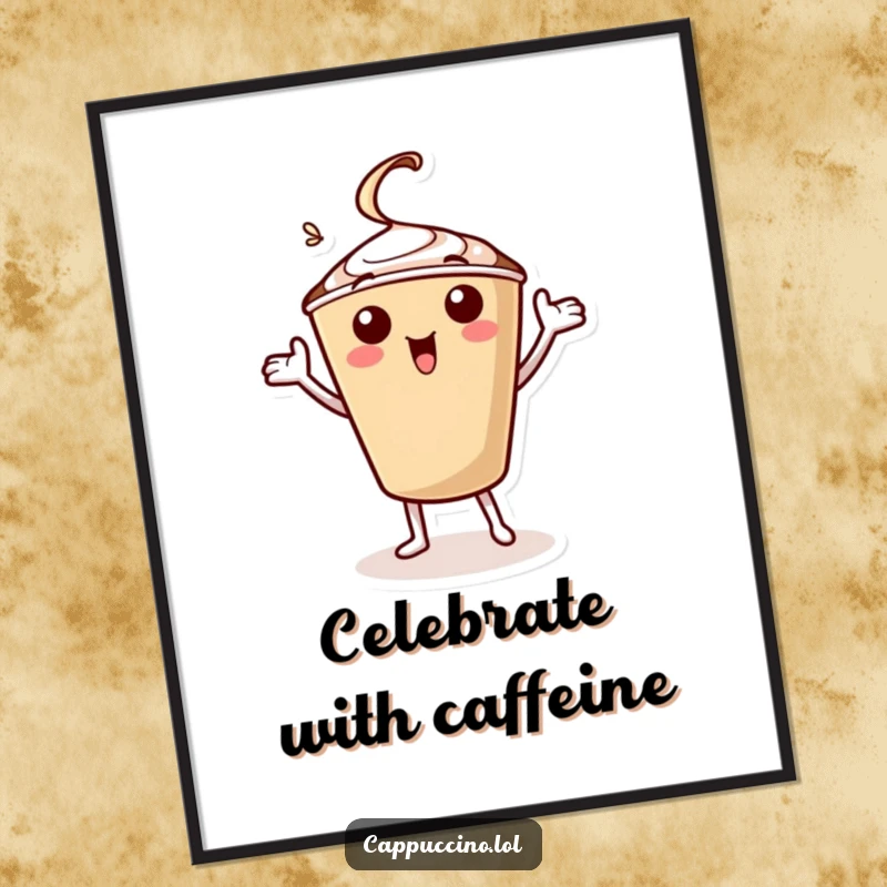 Funny poster art of a cheerful cappuccino cup character performing an ecstatic celebratory jig with its arms, full of life.