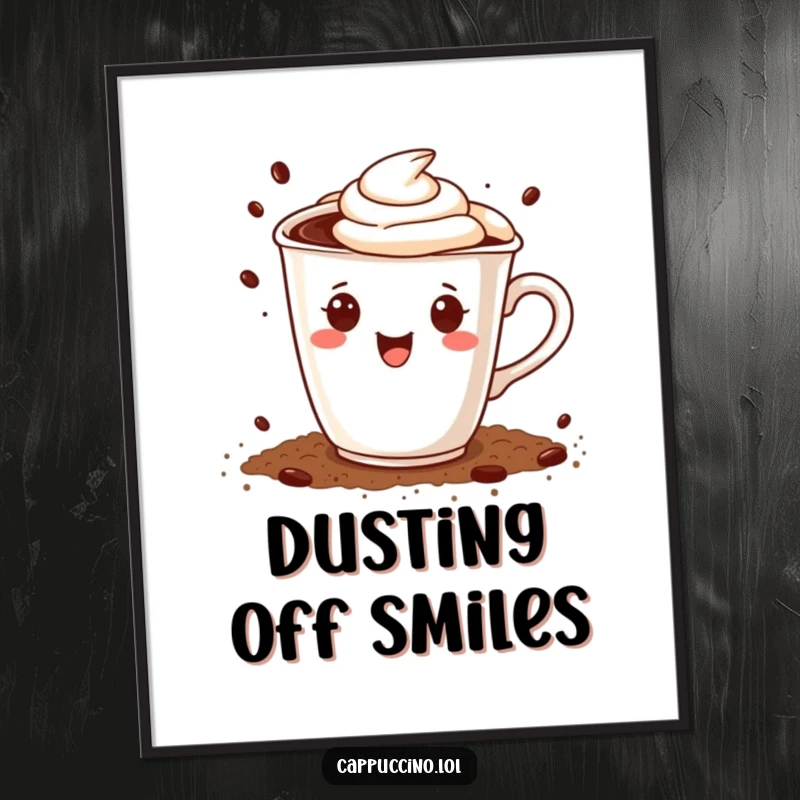 Funny poster art of a cheerful cappuccino cup character happily sprinkling cocoa powder, creating a cozy and sweet atmosphere.