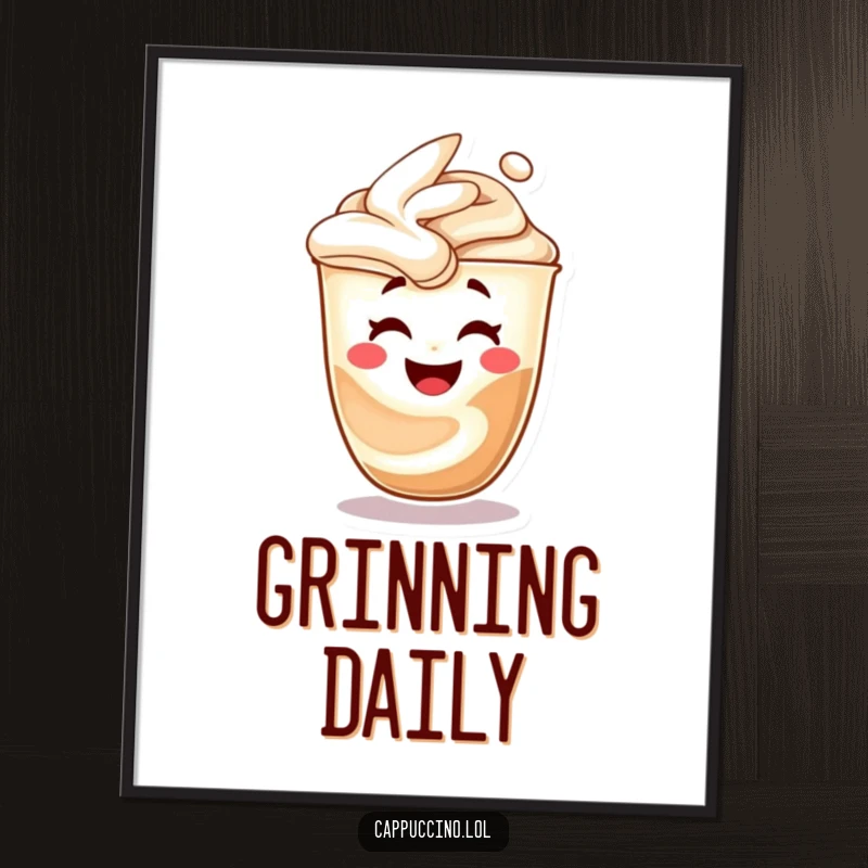 Funny cappuccino art poster, character morphing into a laughing face, vibrant wall decor, humorous and cheerful.