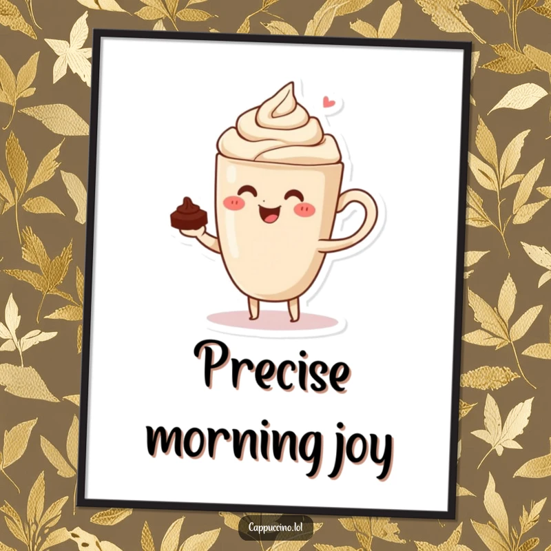 Funny poster of a calm cappuccino cup character demonstrating incredible balance with a small chocolate shaving.