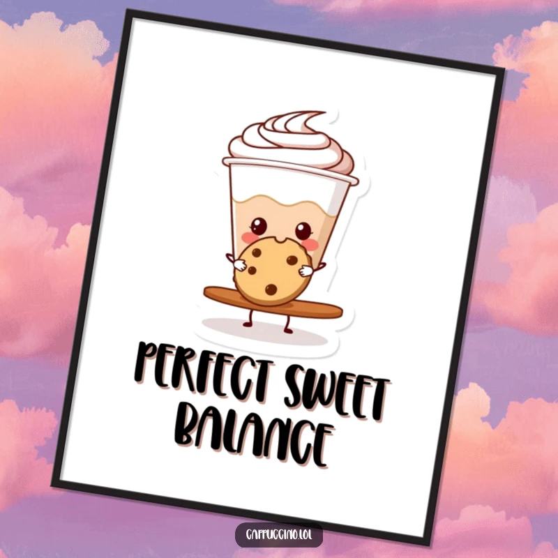 Funny cappuccino cup character balancing a cookie, presented as a vibrant and amusing wall poster.