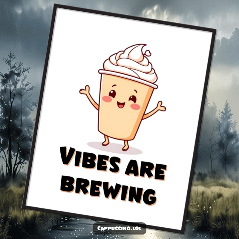 Funny Poster art of a happy cappuccino cup character doing an energetic dance, bringing cheerful vibes to any room.