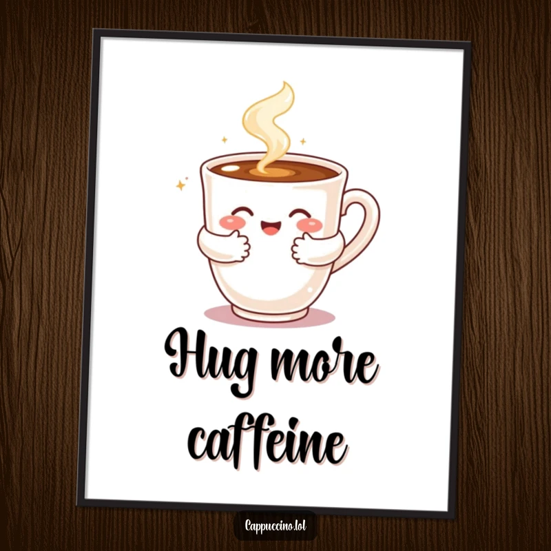 Funny poster art of a steaming cappuccino cup character giving a warm, bubbly hug, creating an inviting atmosphere.