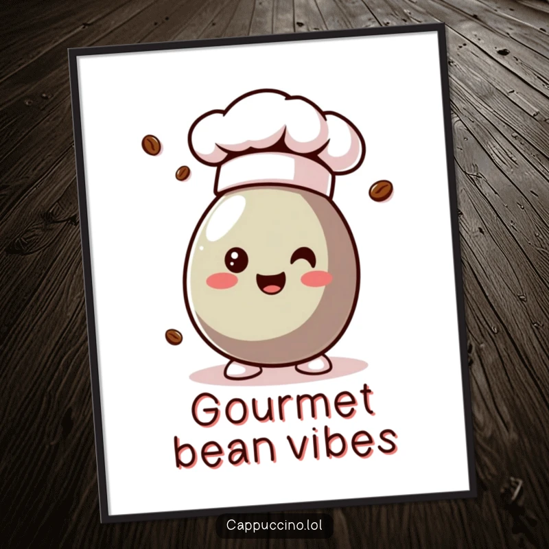 Funny coffee bean character in a mini chef hat, presented as amusing kitchen wall art.