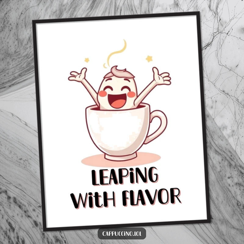 Funny Poster art capturing a jubilant espresso shot character in mid-air, leaping enthusiastically into a warm coffee cup.