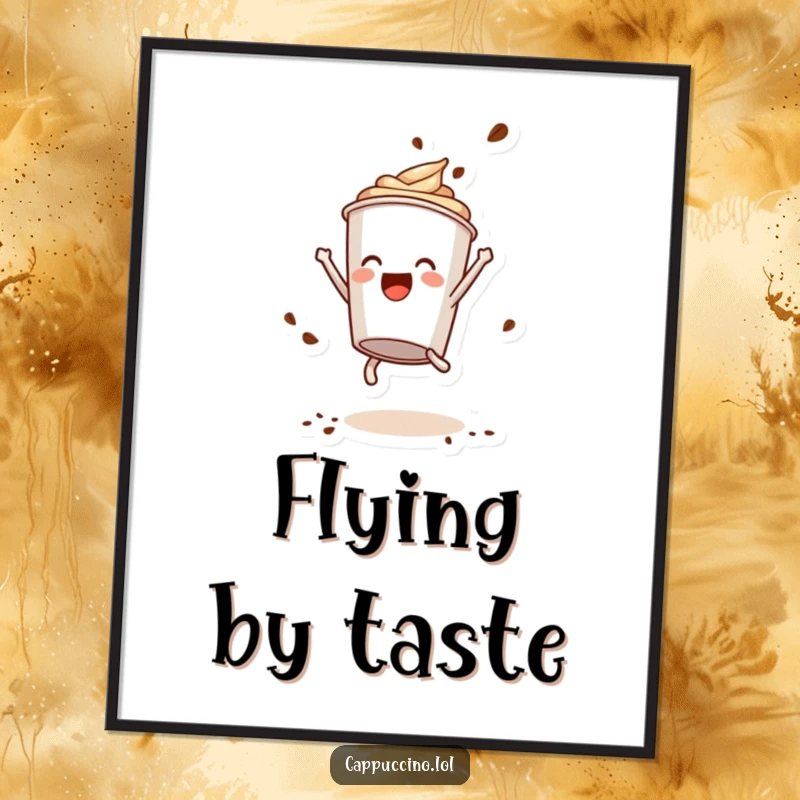 Funny Poster: Delighted cappuccino cup character performing a somersault, coffee powder flying, a dynamic and cheerful artwork.