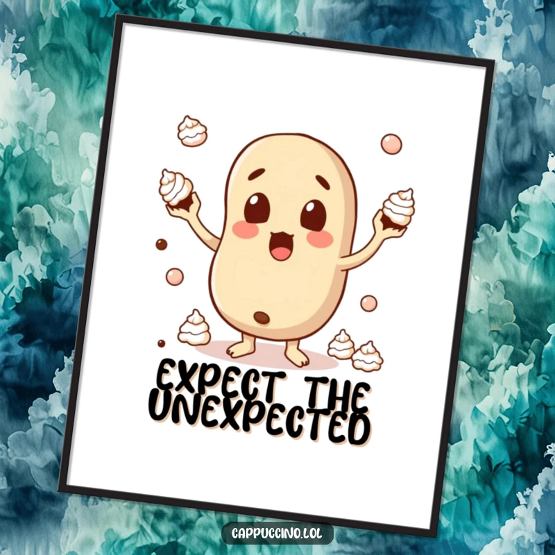 Funny Poster art of a surprised coffee bean character attempting to juggle tiny dollops of whipped cream, creating a comical scene.