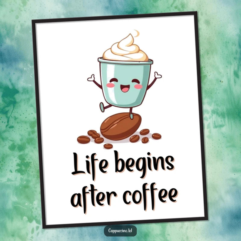 Funny poster art of a cheerful cappuccino cup character executing a jubilant jump over a pile of scattered coffee beans.