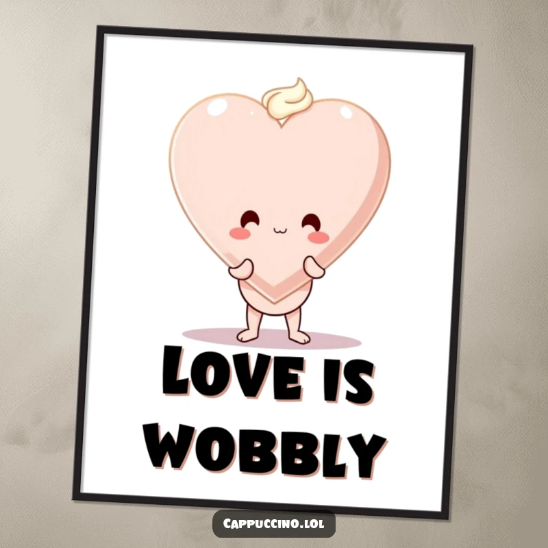 Funny poster art of a wobbly cappuccino cup character attempting to balance a large foam heart, symbolizing love’s endearing challenge.