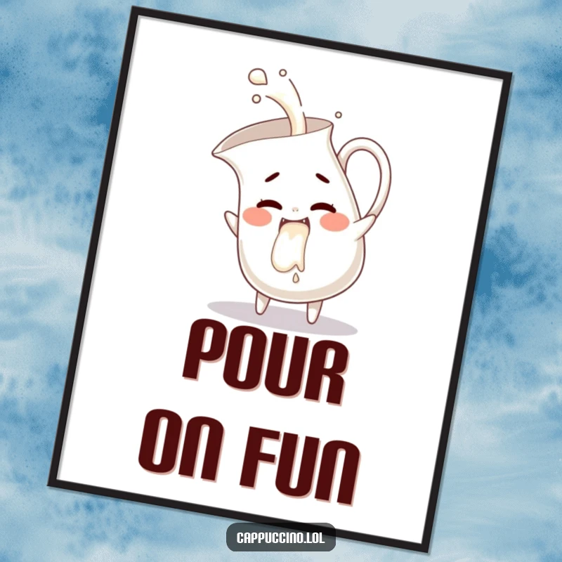 Funny milk pitcher poster, mischievous character pouring giggles, playful wall art, cheerful and humorous.