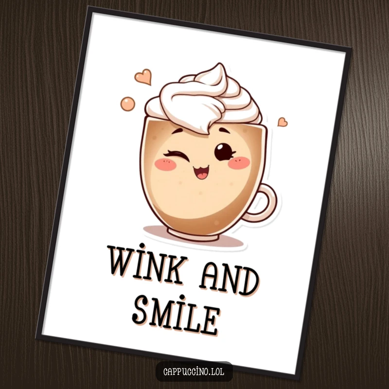 Funny poster art of a smiling cappuccino art swirl character winking playfully, adding a cheeky touch to any room.