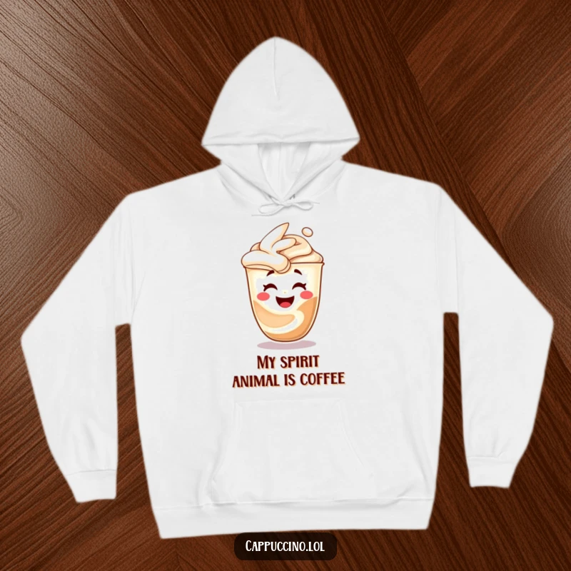 Funny cappuccino swirl hoodie, character morphing into a laughing face, cozy and cheerful, perfect humorous present.