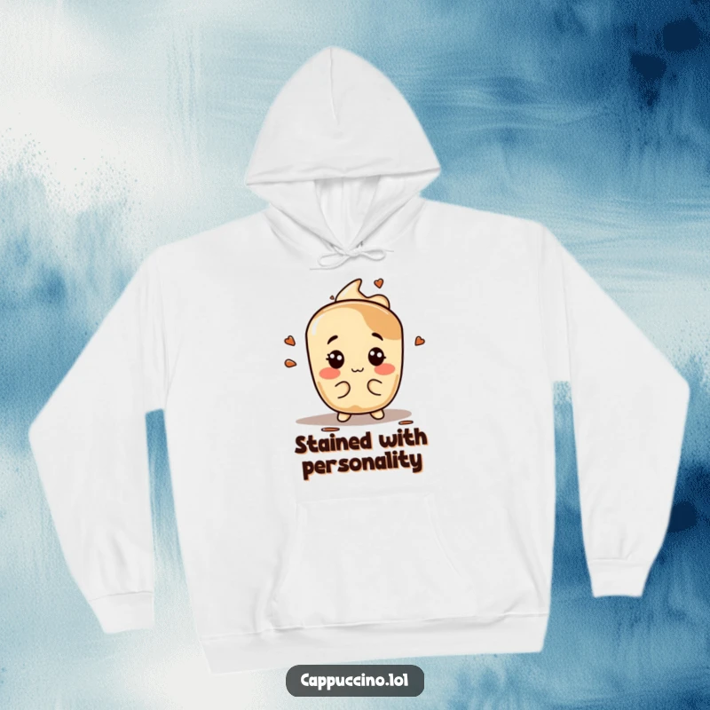 Funny espresso stain hoodie, playful character making silly faces, warm and cozy, perfect humorous present.
