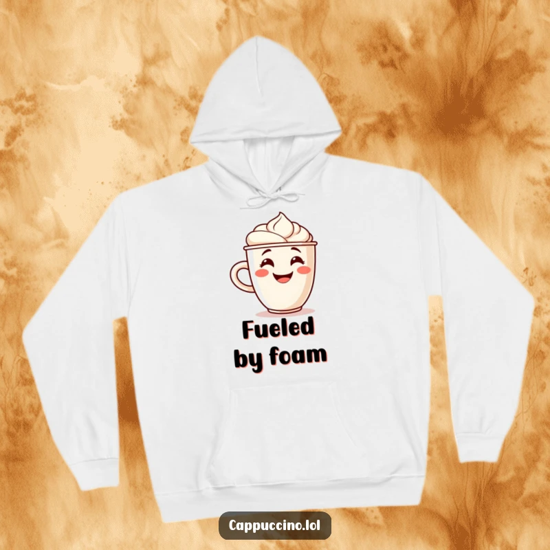 Funny hoodie featuring a grinning cappuccino cup character with a foam swirl cheering, ideal for cozy and casual wear.