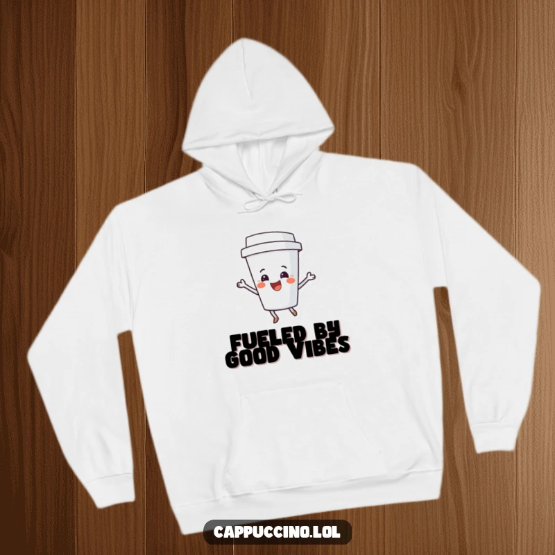 Funny Coffee Cup Hoodie depicting a delighted character performing a fun shimmy, perfect for cozy, cheerful vibes.