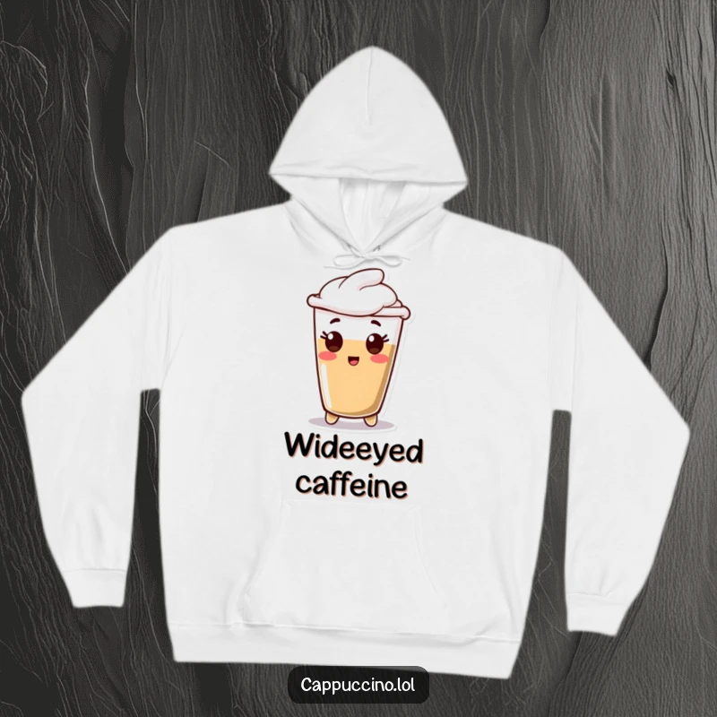 Funny Hoodie featuring a happy espresso shot character with an exaggerated surprised look, offering warmth and humor.