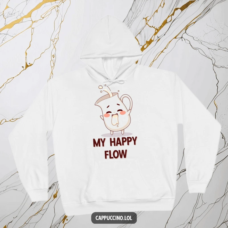 Funny milk pitcher hoodie, mischievous character pouring giggles, warm and cozy, perfect humorous present.