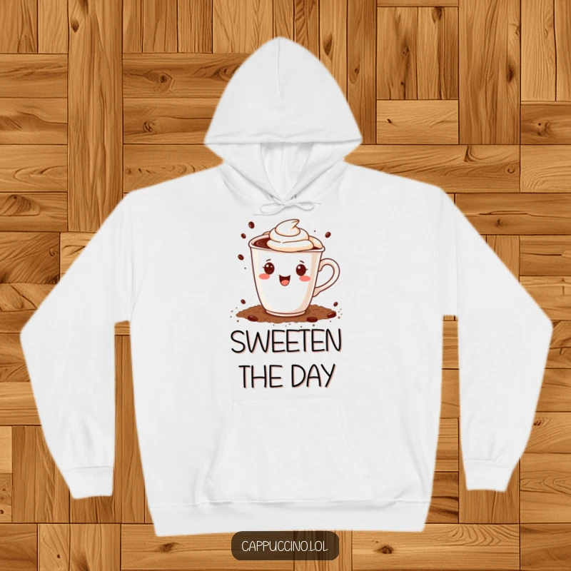Funny hoodie with a cheerful cappuccino cup character happily sprinkling cocoa powder, designed for cozy moments and smiles.