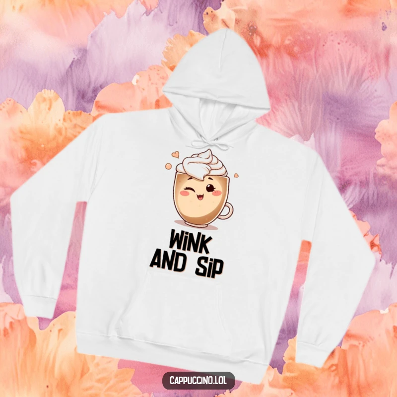 Funny hoodie featuring a smiling cappuccino art swirl character winking playfully, perfect for cozying up with a smile.