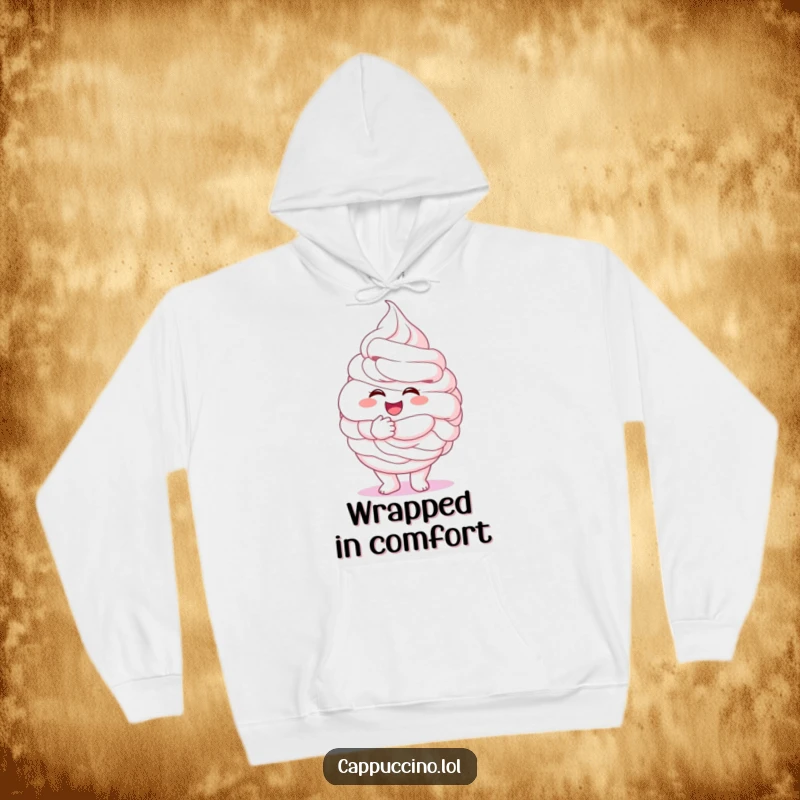 Funny whipped cream hoodie, excited character giving a giant fluffy hug, warm and comforting, perfect humorous present.
