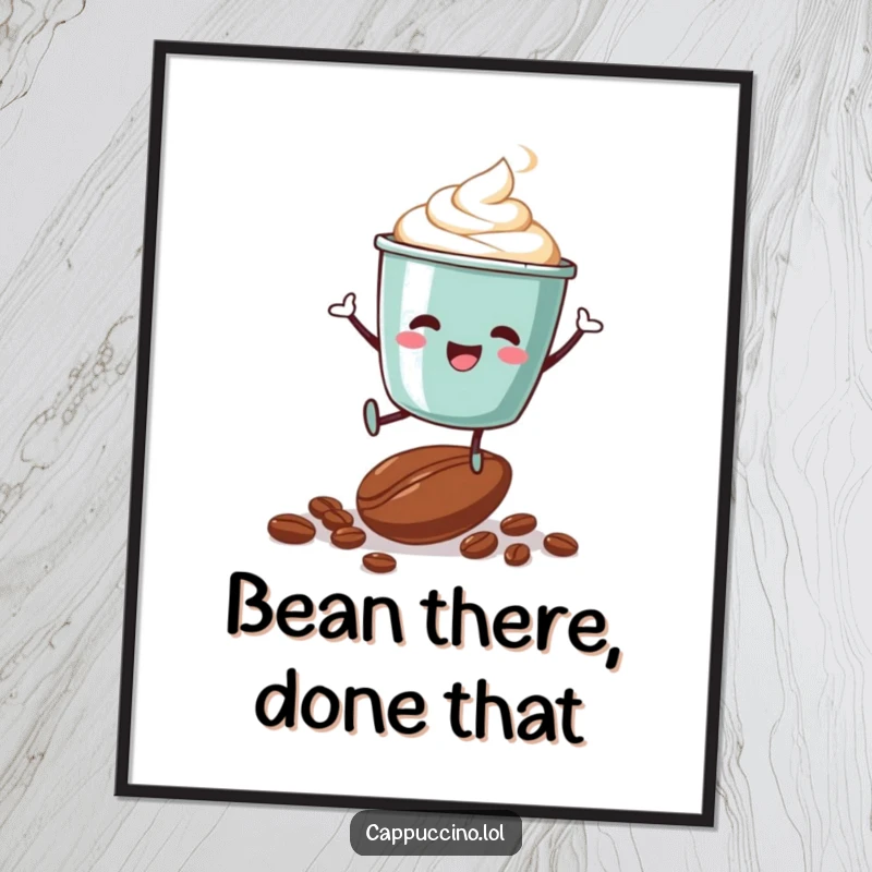 Funny Free Printable Wall Art: Delighted cappuccino cup character triumphantly jumping on a coffee bean, humorous coffee decor.