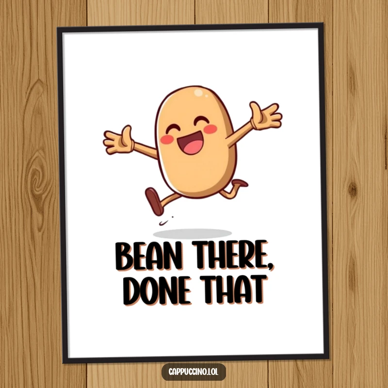 Funny free printable wall art of a coffee bean character performing an energetic and daring jump. A humorous downloadable art.