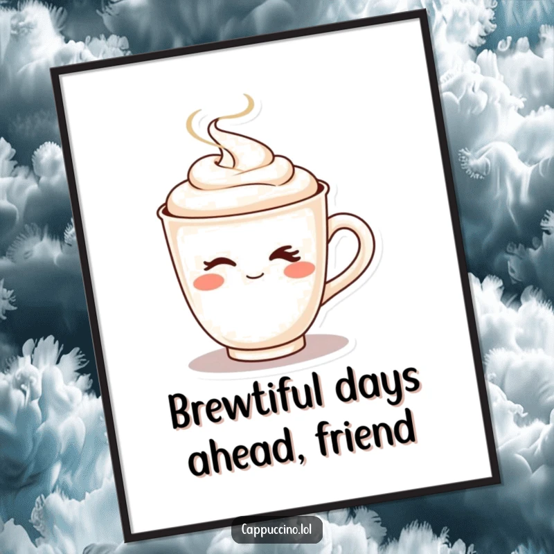 Funny Free Printable Wall Art: A cappuccino cup character winking playfully as hot steam shoots upwards. Bold and humorous wall decor. Instant download.