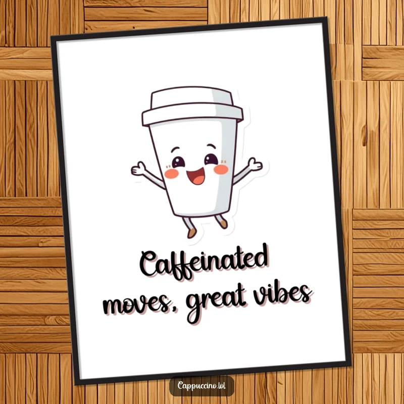 Funny free printable wall art of a coffee cup character doing a joyful shimmy, adding a touch of quirky decor. Humorous downloadable art.