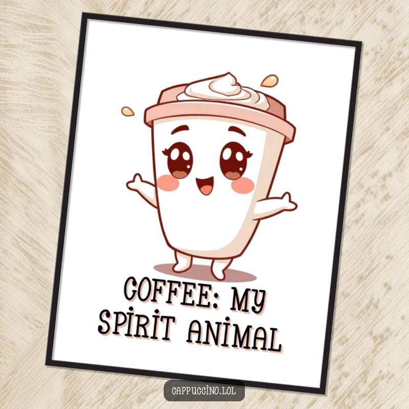 Funny Free Printable Wall Art: Cappuccino cup character doing a happy shimmy with wide, excited eyes, coffee decor.
