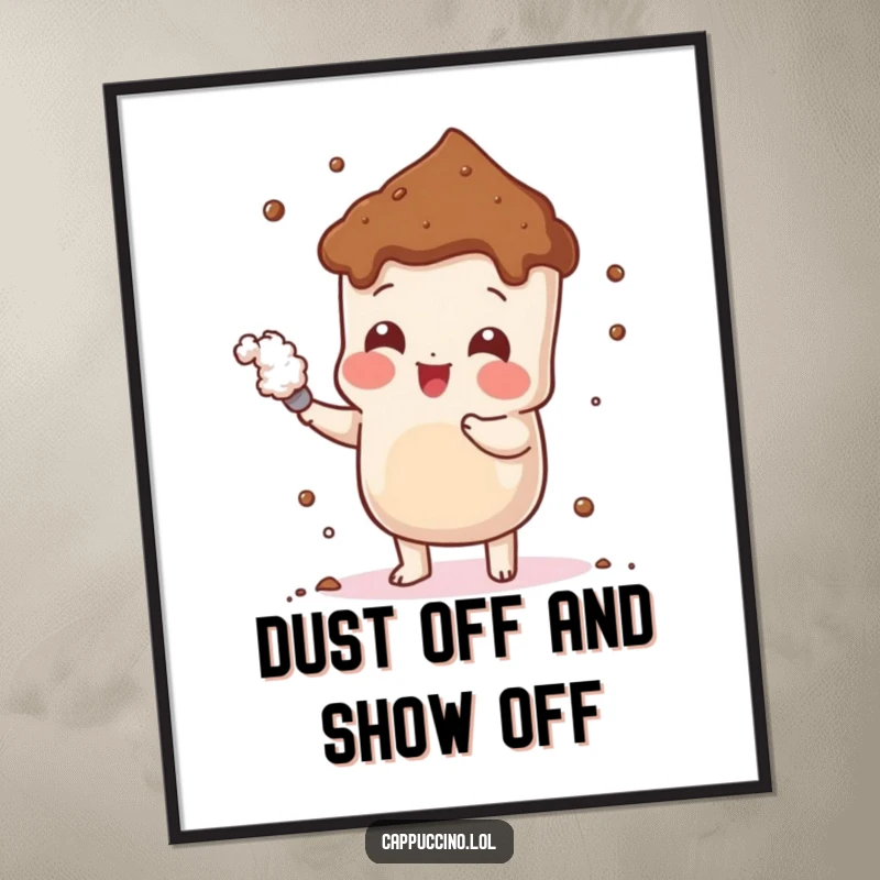 Funny free printable wall art of a cocoa powder character playfully dusting itself. A charming and humorous downloadable art.