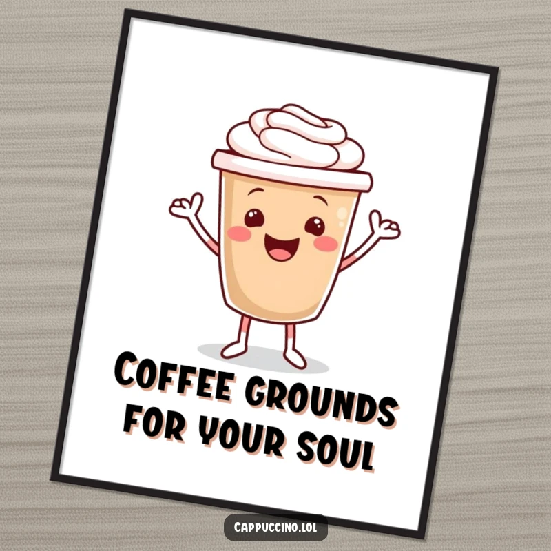 Funny Free Printable Wall Art: A cheerful cappuccino cup character doing a happy jig, perfect for kitchen or cafe decor. Downloadable.