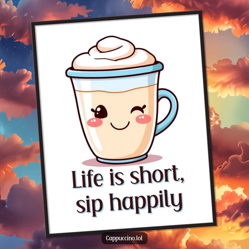 Funny Free Printable Wall Art: A smiling cappuccino cup character with perfectly frothed foam art, radiating warmth.