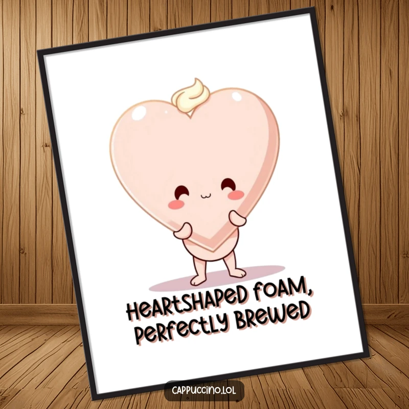 Funny Free Printable Wall Art: A wobbly cappuccino character precariously balancing a giant foam heart, sweet and funny.