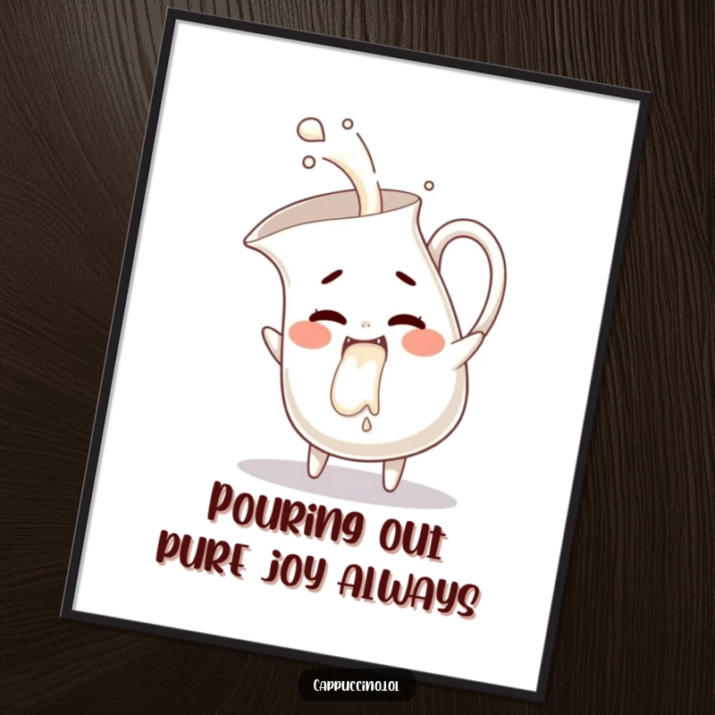 Funny Free Printable wall art: A mischievous milk pitcher character pours out a continuous stream of visible giggles.