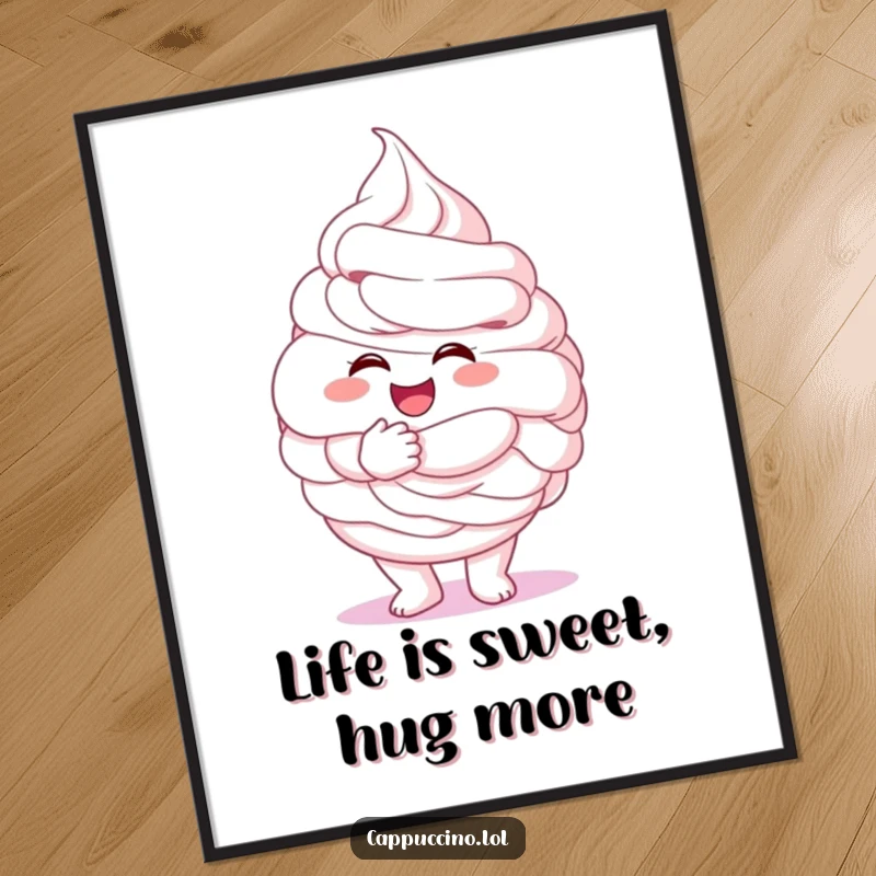 Funny Free Printable wall art: A cheerful whipped cream character is depicted giving a giant, fluffy hug.