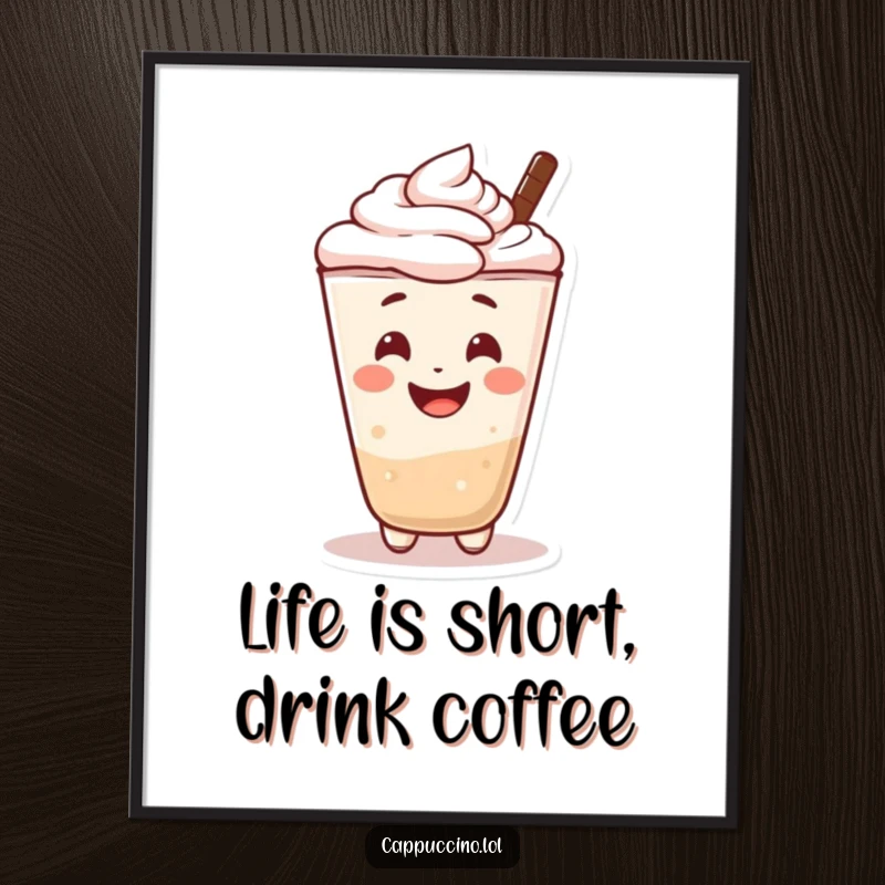 Funny Free Printable Wall Art: A cheerful cappuccino foam character with a big, friendly smile, adding warmth to decor.