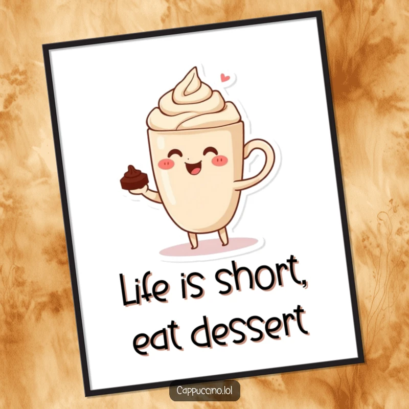 Funny Free Printable Wall Art: A joyful cappuccino cup character skillfully balancing a single chocolate shaving. Quirky and modern decor. Downloadable.