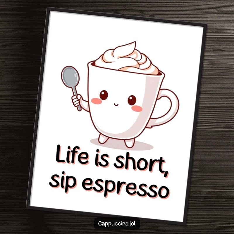 Funny Free Printable Wall Art: Cappuccino cup character holding a tiny spoon like a microphone, ready to perform, humorous art.