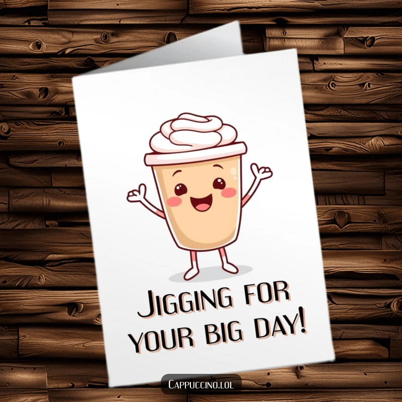 Funny Free Printable Birthday Card: Cappuccino character doing a happy jig with tiny arms, spreading birthday cheer. Downloadable and unique.